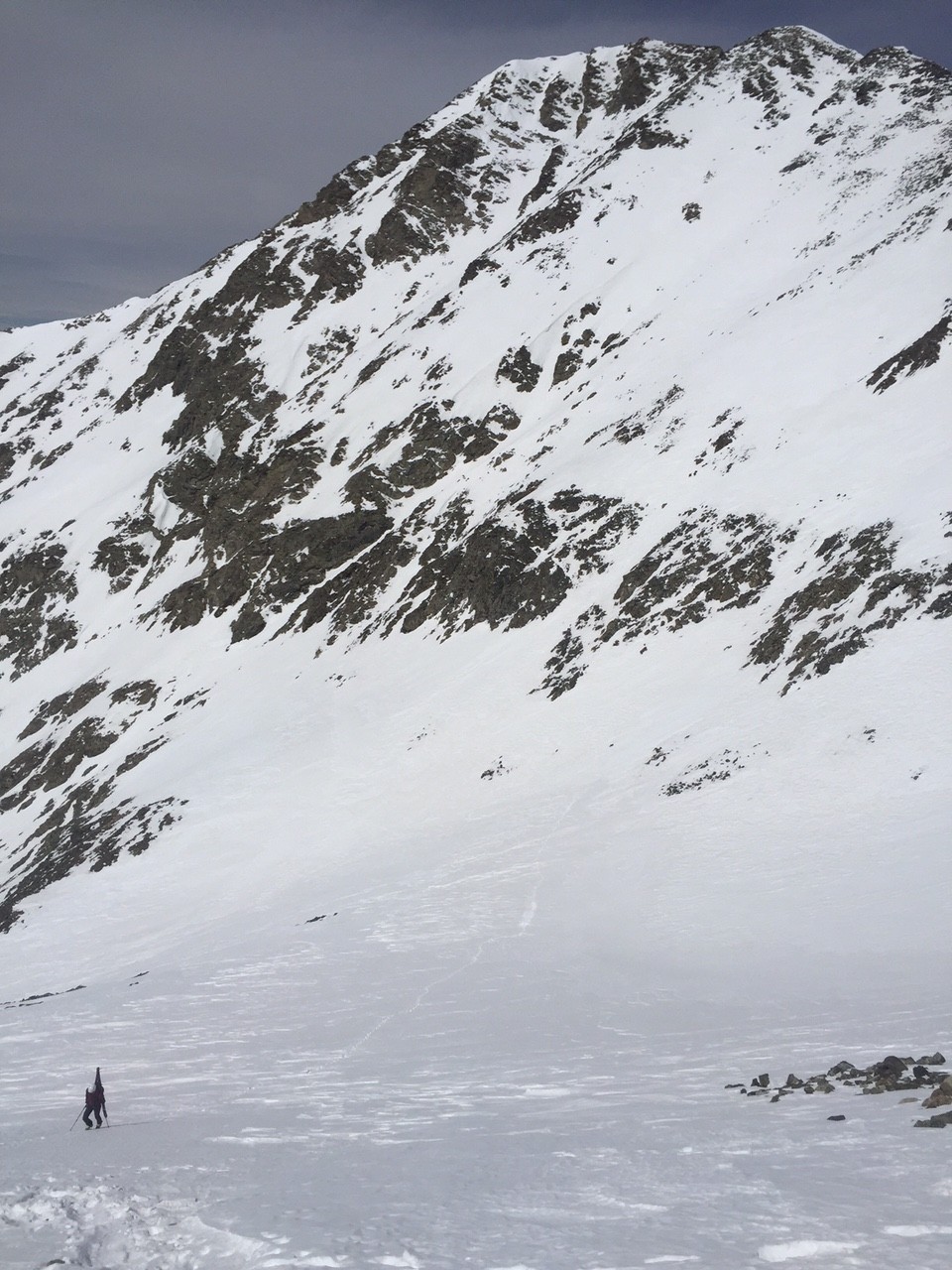 Heading up Blanca, looking back across to the line I skied on Ellingwood's south face.