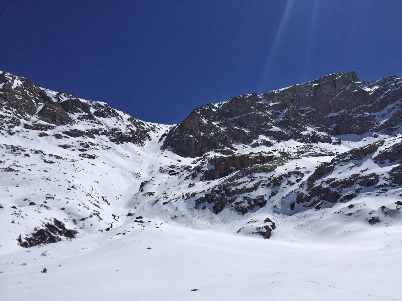 Looking up the Couloir after skiing it, then heading up Bierstadt.